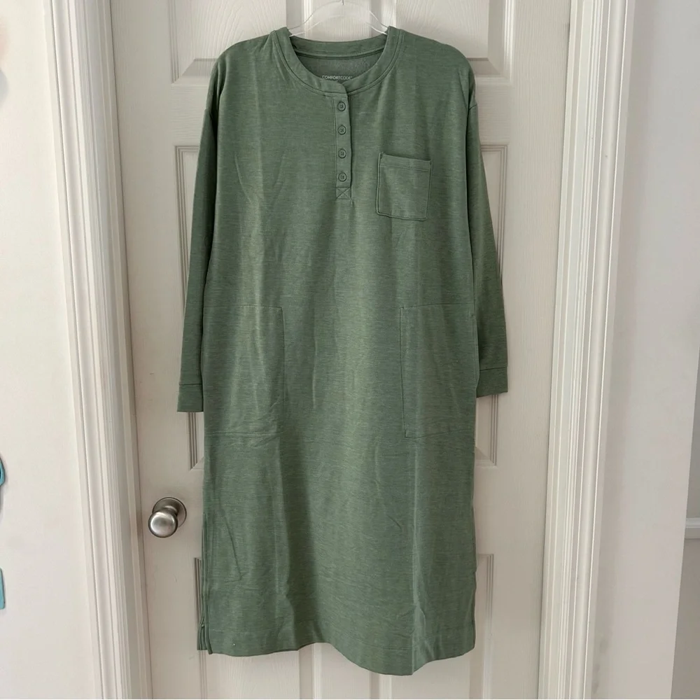 Cuddl Duds Comfort Code Green Long Sleeve Lounge Dress - Picture 2 of 10